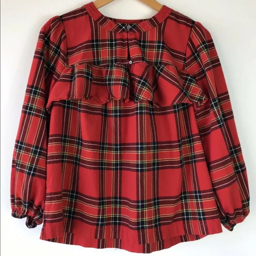 J. Crew Small Ruffle Top Festival Plaid Red
